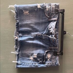 Buckle Frayed Hem Denim Mini Skirt - Classic Blue